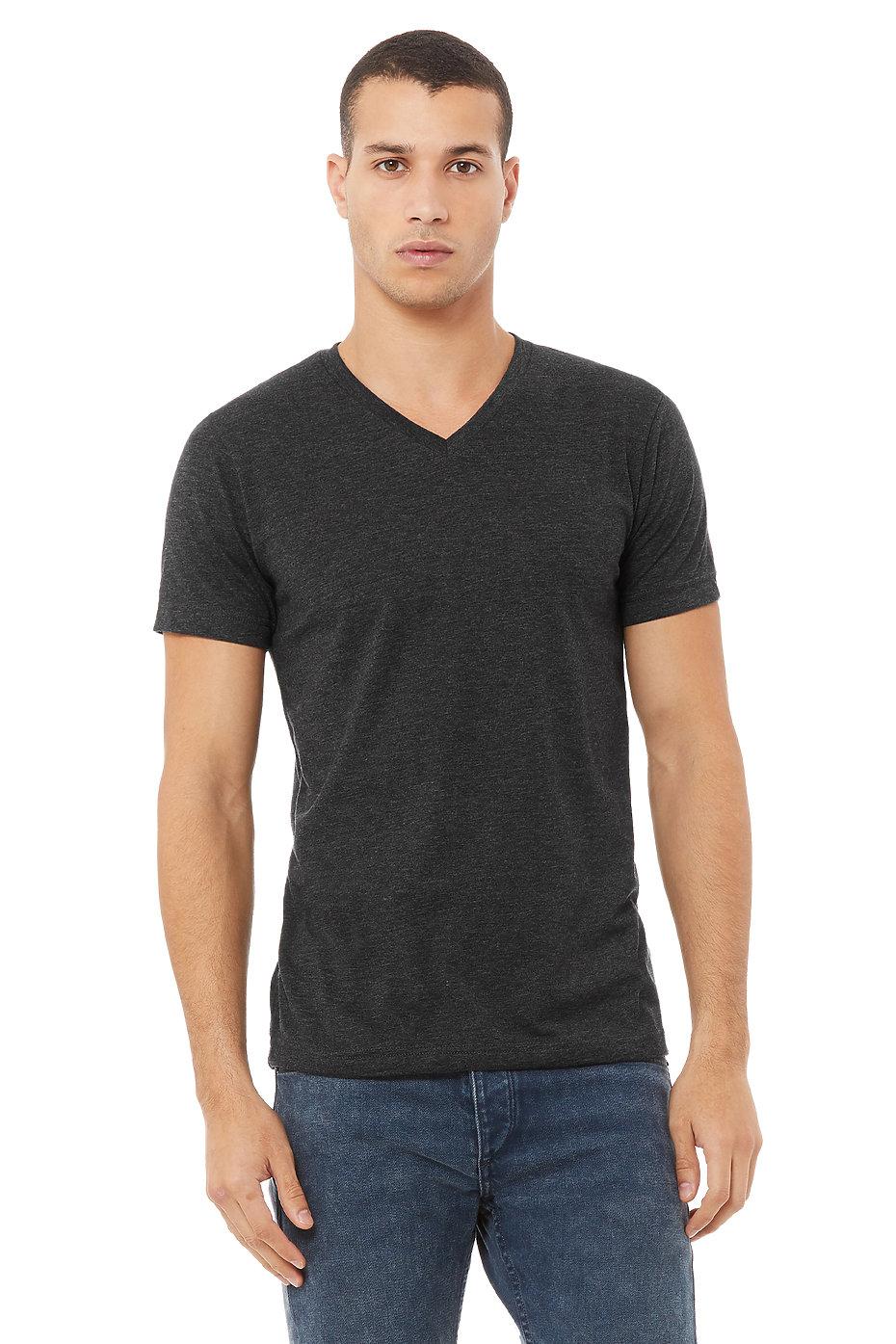 Bella+Canvas Unisex heather CVC short sleeve v-neck tee – Dark Grey Heather – on model 1