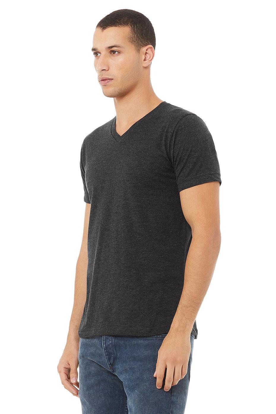 Bella+Canvas Unisex heather CVC short sleeve v-neck tee – Dark Grey Heather – on model 2