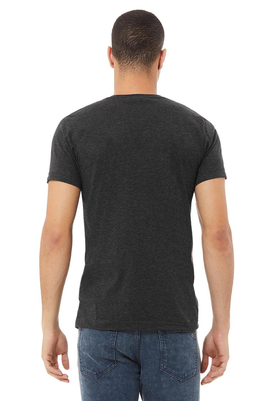 Bella+Canvas Unisex heather CVC short sleeve v-neck tee – Dark Grey Heather – on model 3